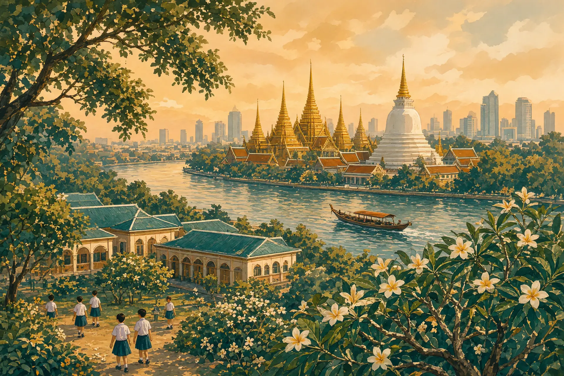 Illustration of Bangkok's temple spires and river with a lush international school campus in the foreground