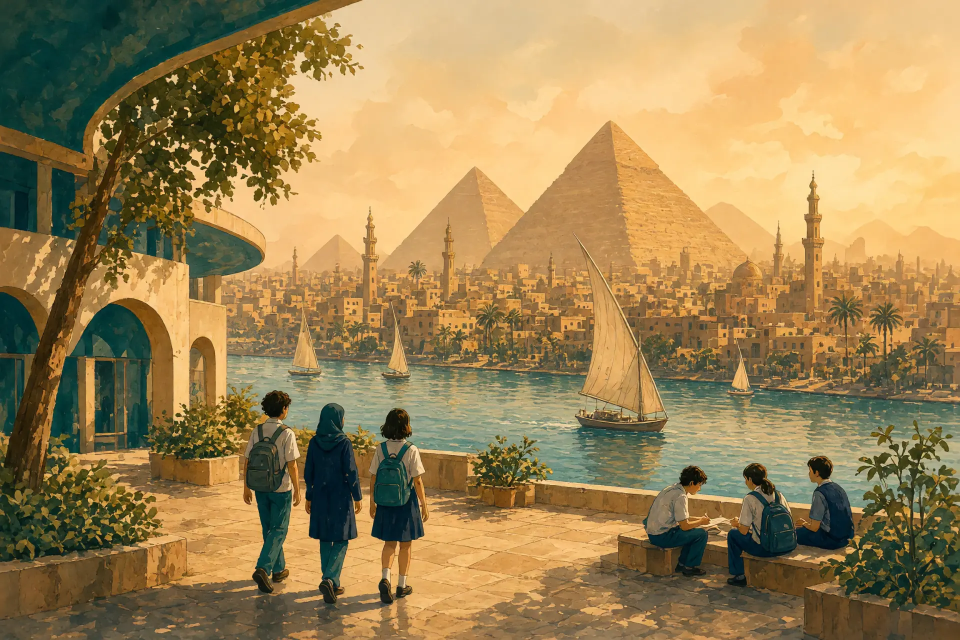 Illustration of the pyramids and the Nile at Cairo with an international school campus in the foreground