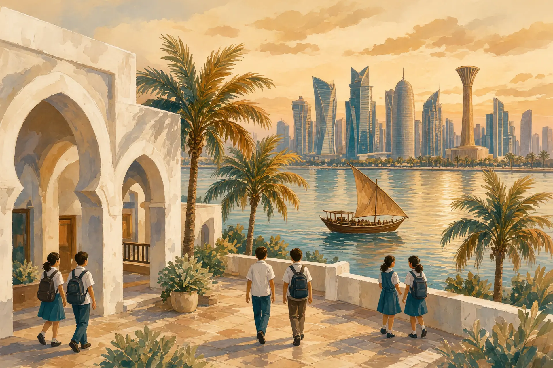 Illustration of the Doha West Bay skyline across the bay with an international school courtyard in the foreground
