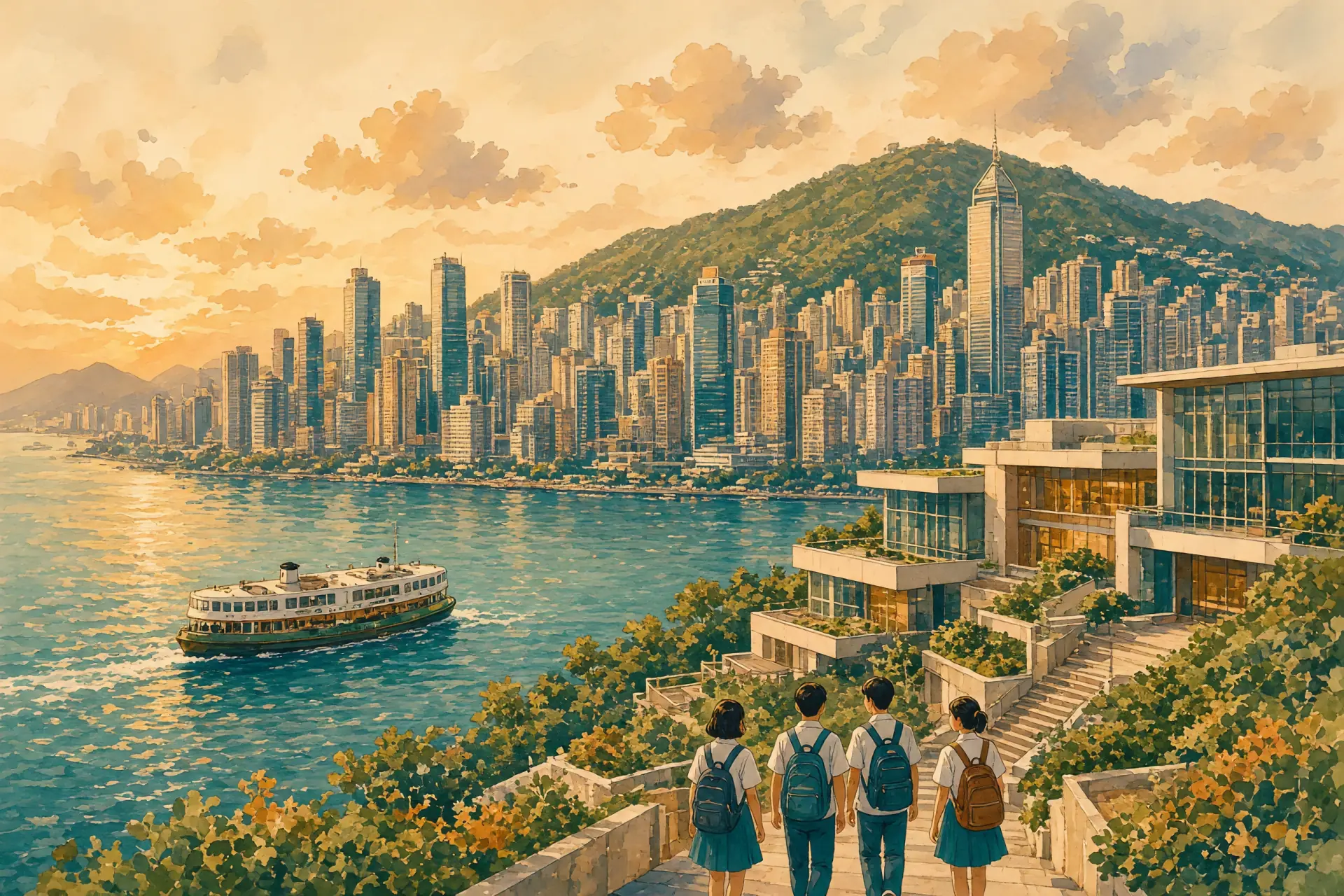 Illustration of the Hong Kong skyline and harbour with a modern international school campus in the foreground