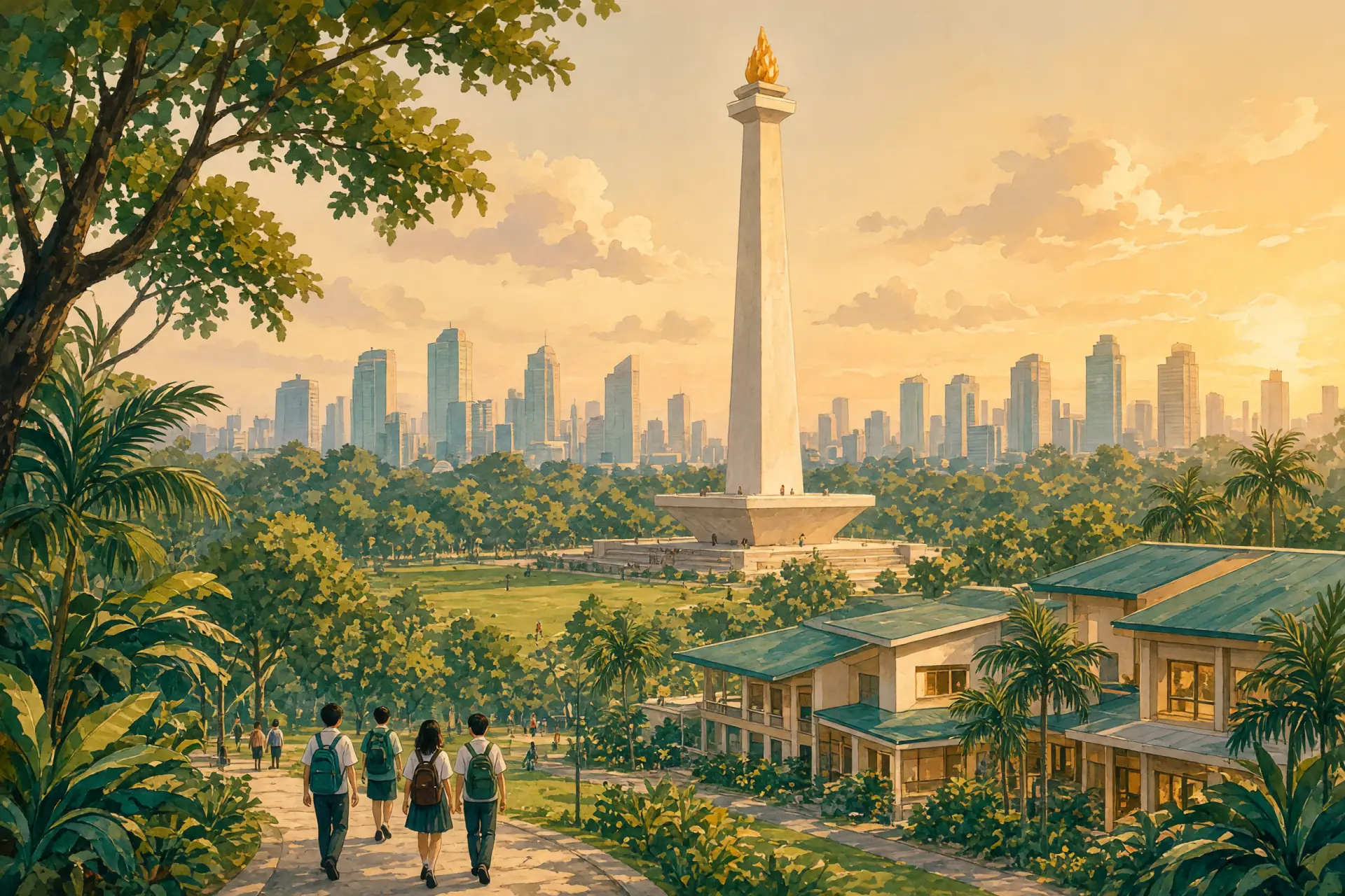 Illustration of Jakarta's national monument and skyline with a lush international school campus in the foreground