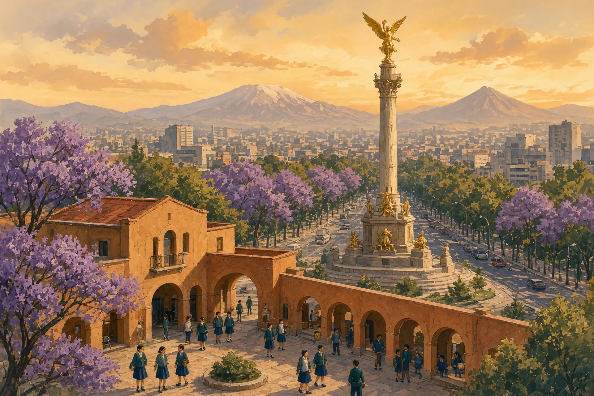 Illustration of Mexico City's golden angel column and jacaranda-lined avenue with an international school campus in the foreground