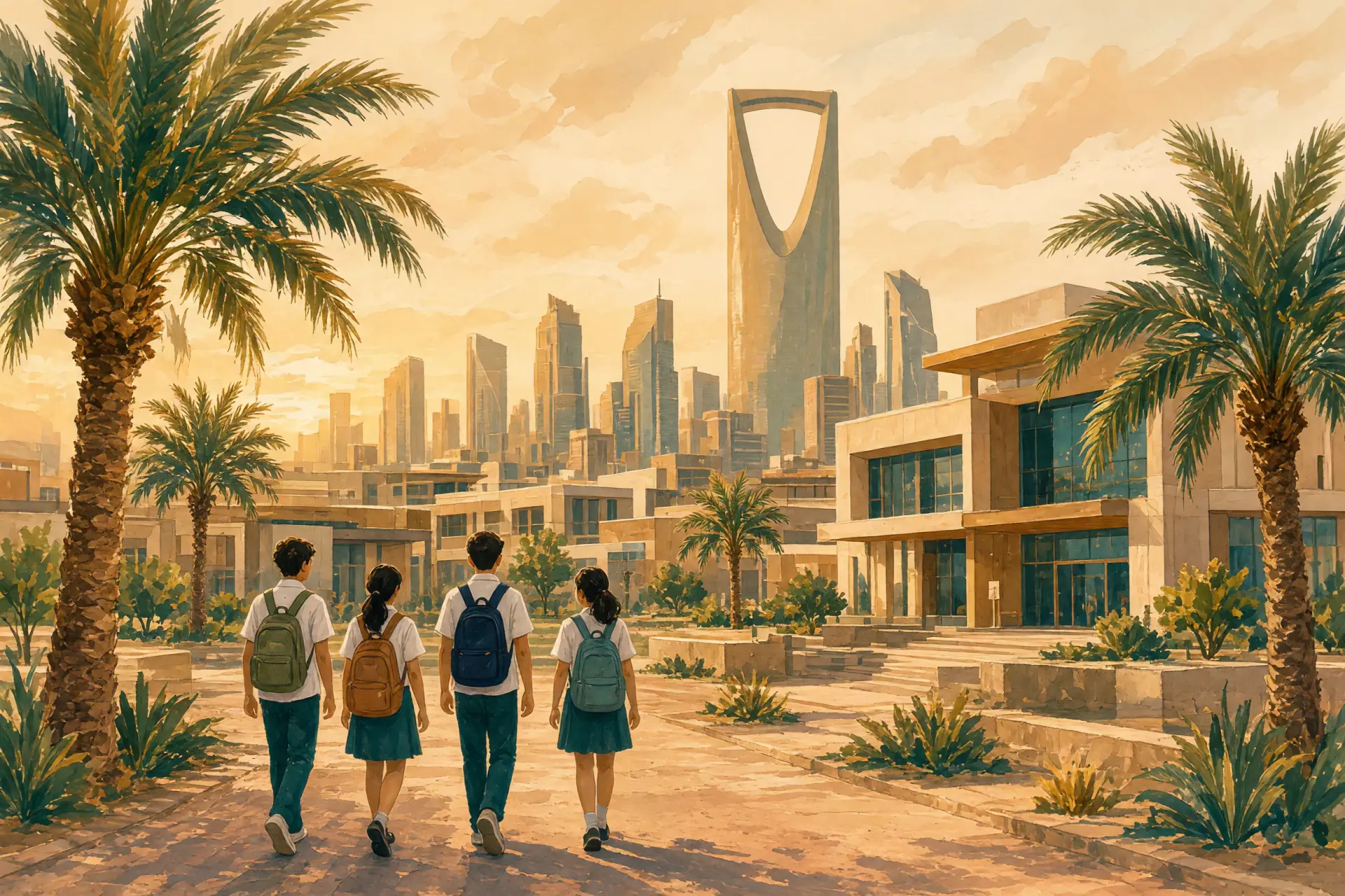 Illustration of the Riyadh skyline with the Kingdom Centre tower and a modern international school campus in the foreground