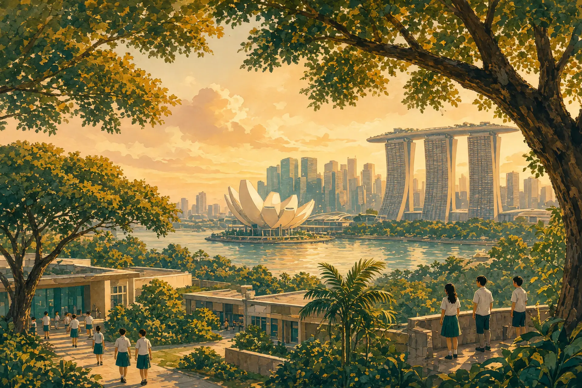 Illustration of the Singapore skyline and Marina Bay with a green international school campus in the foreground