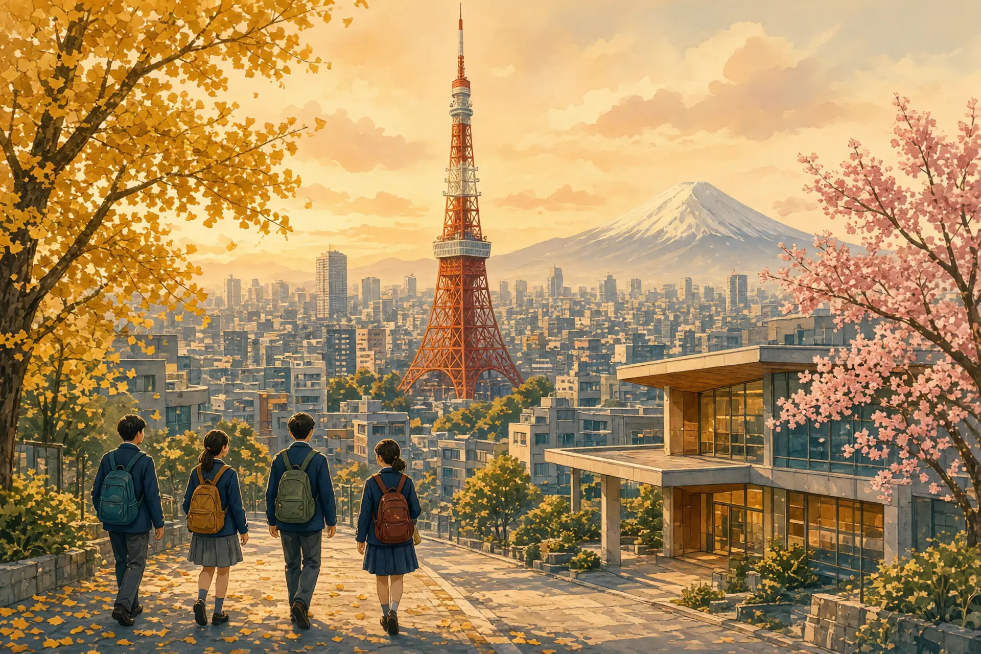 Illustration of Tokyo's lattice tower with Mount Fuji on the horizon and an international school campus in the foreground
